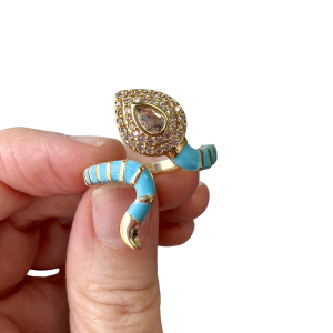 Anillo de acero dorado adaptable serpiente azul