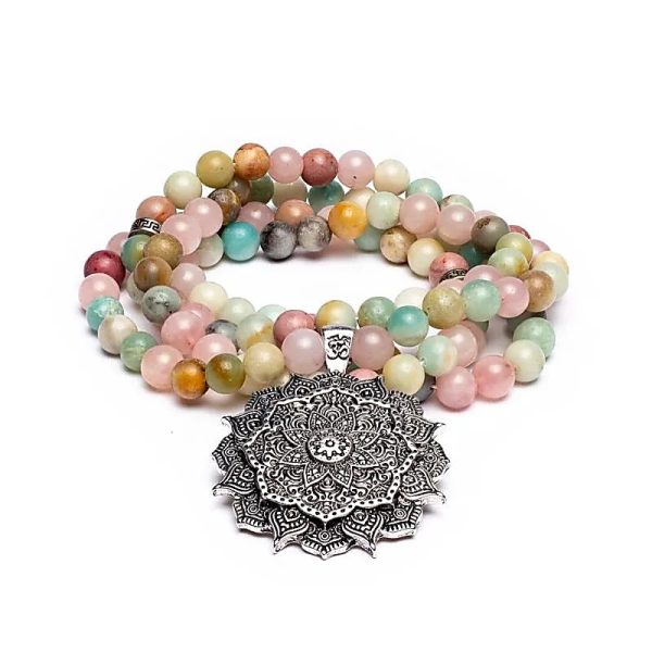 Mala 108 Cuentas Cuarzo Rosa, Amazonita y Rodonita