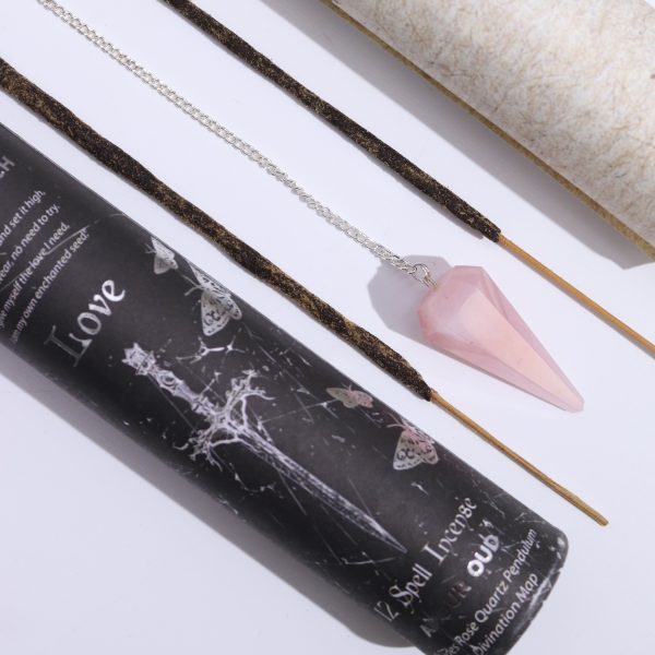 Set de Incienso de Hechizos de Brujas Antiguas con Péndulo de Cuarzo Rosa