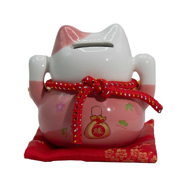 Maneki Neko Rosa - Gato de la Suerte Chino con Hucha y Cascabeles Dorados - Imagen 2