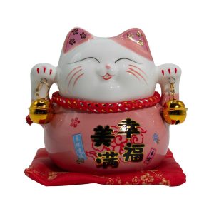 Maneki Neko Rosa - Gato de la Suerte Chino con Hucha y Cascabeles Dorados