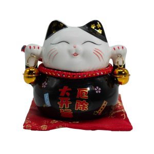 Maneki Neko Negro - Gato de la Suerte con Hucha y Cascabeles