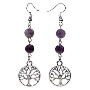 Pendientes cristal de fluorita y amatista con árbol de la vida