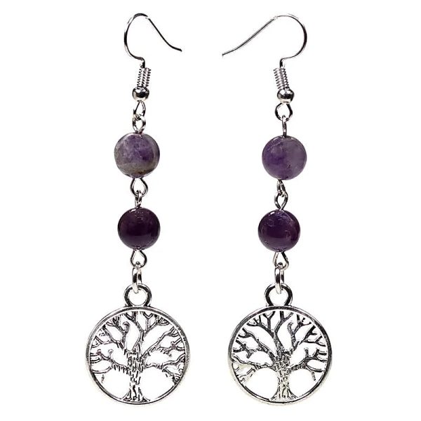 Pendientes cristal de fluorita y amatista con árbol de la vida