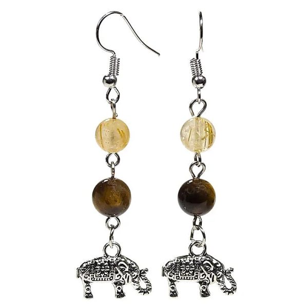 Pendientes ojo de tigre con cuarzo rutilado y elefante