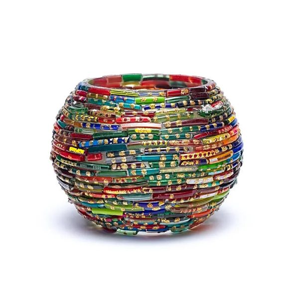 Portavelas de té mosaico con rayas de color