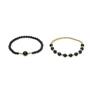 Set 2 Pulseras Turmalina Negra & Hematita - Negro + Dorado