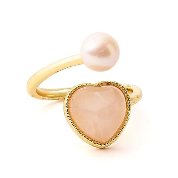 Anillo Ajustable de Cuarzo Rosa y Perla