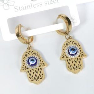 Pendientes de acero dorado Mano de Fátima con Ojo Turco azul