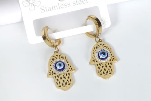 Pendientes de acero dorado Mano de Fátima con Ojo Turco azul