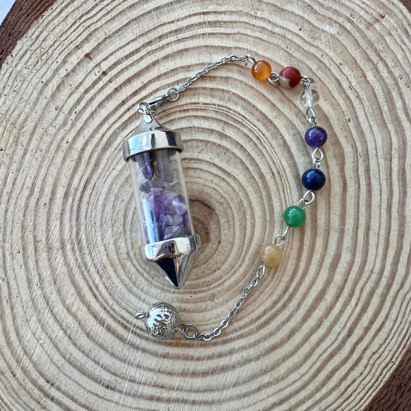 Péndulo Botella de Cristal con Amatistas y Piedras de los 7 Chakras - Imagen 2
