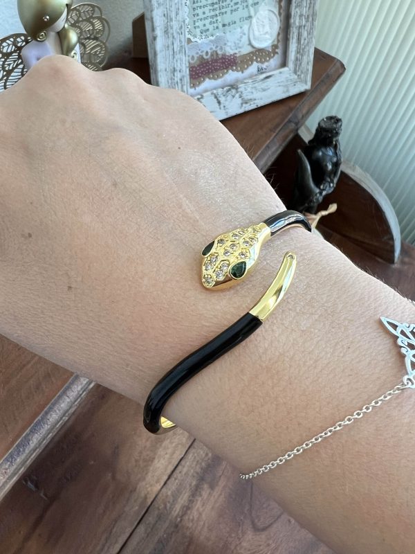 Pulsera acero dorado adaptable serpiente negra con ojos verdes y brillantes - Imagen 3