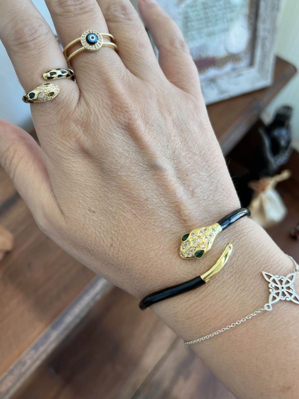 Pulsera acero dorado adaptable serpiente negra con ojos verdes y brillantes - Imagen 4