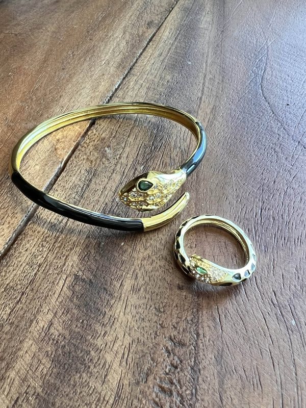 Pulsera acero dorado adaptable serpiente negra con ojos verdes y brillantes - Imagen 2